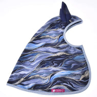 Hobby Horse Raincoat Galaxy Cobalt laid flat on white: blue marble waves with silver glitter, navy ears, LarDen label