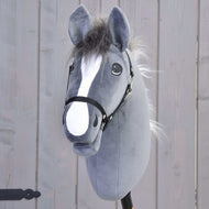 Front view of Hobby Horse Beauty with a white blaze, dark grey fur forelock and black halter