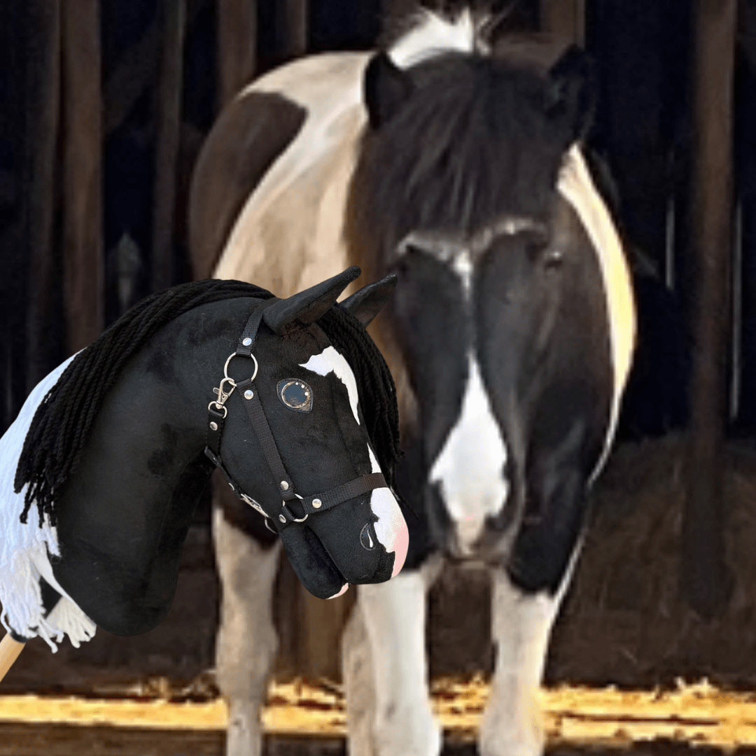 Fekete-fehér póni egy istállóban a Hobby Horse másolata mögött, amely fekete, fehér hókával, fekete fonalsörénnyel és fekete kötőfékkel