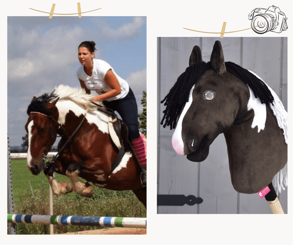Kollázs: egy nő barna-fehér lóval ugrat, mellette egy fekete fonalsörényű sötétbarna-fehér Hobby Horse ló
