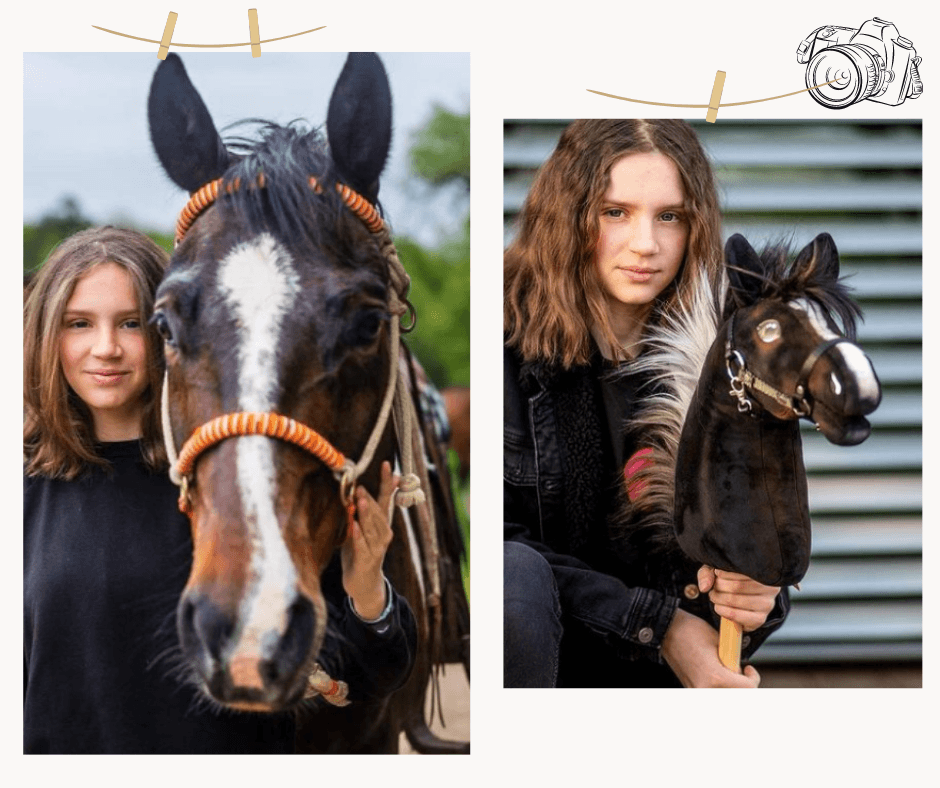 Két fotó egy lányról: narancssárga csomózott kötőfékes sötétpej lova mellett és a lováról készült sötétbarna Hobby Horse másolattal a kezében