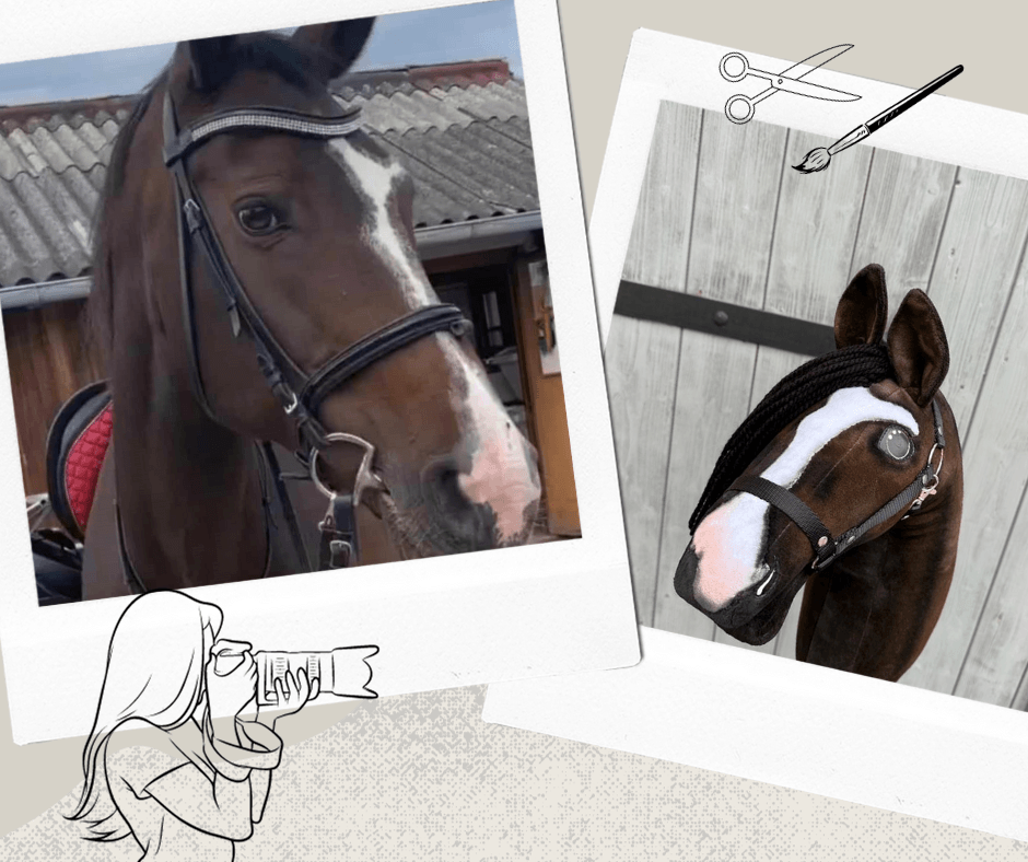 Polaroid kollázs egy hókás sötétpej lóról és Hobby Horse másolatáról fehér hókával és befont fekete sörénnyel