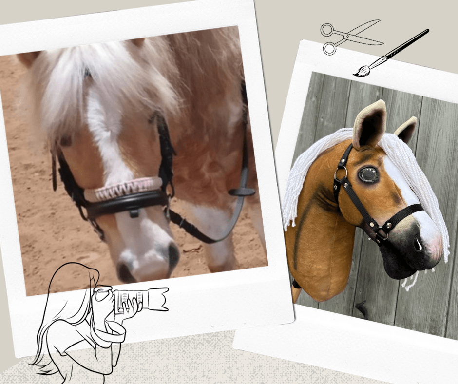 Polaroid kollázs egy lenszőke sörényű világos gesztenyebarna póniról és fehér fonalsörényű, hókás Hobby Horse másolatáról