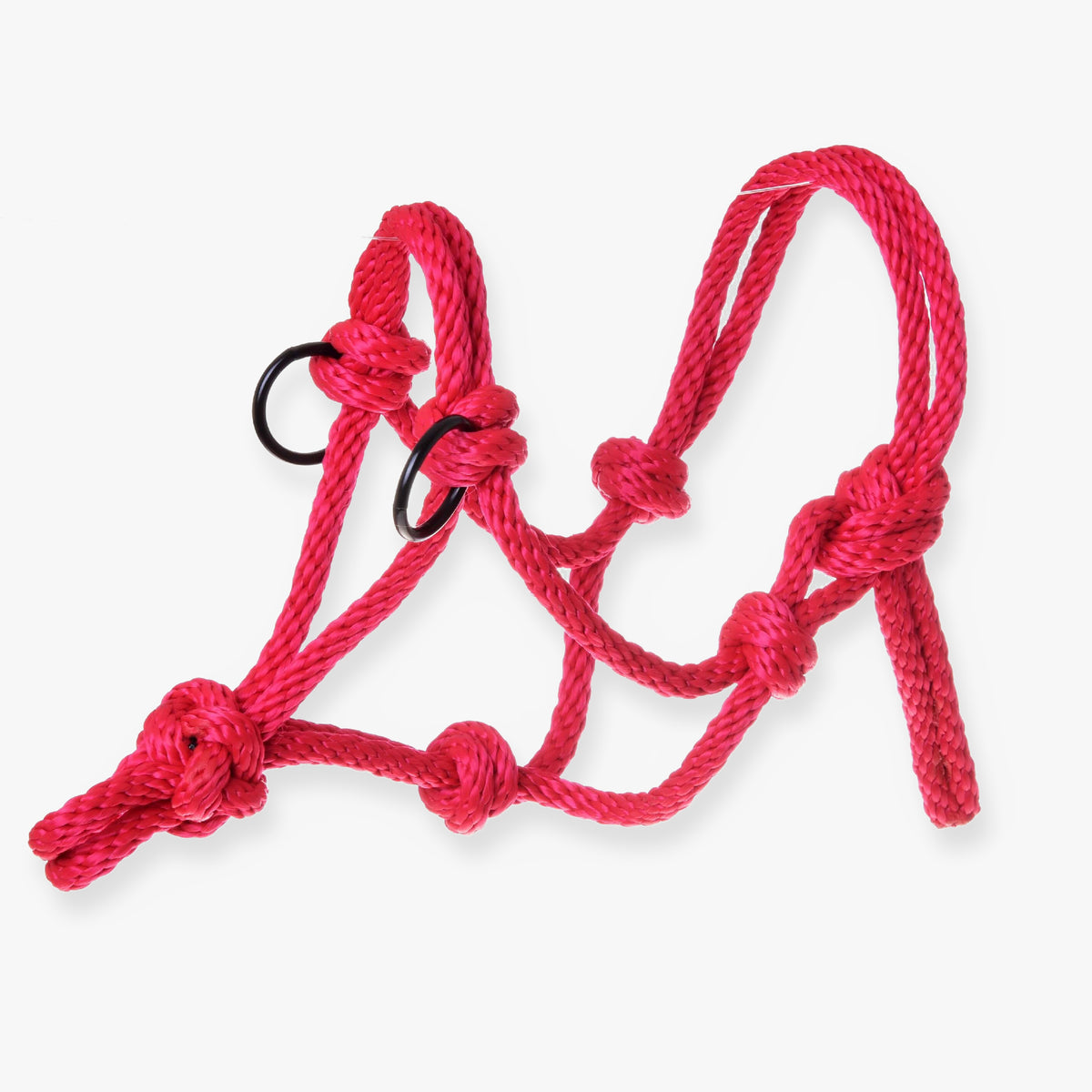 LarDen Hobby Horse csomózott kötőfék piros: csomózott piros kötél két fekete fémkarikával, fehér háttéren