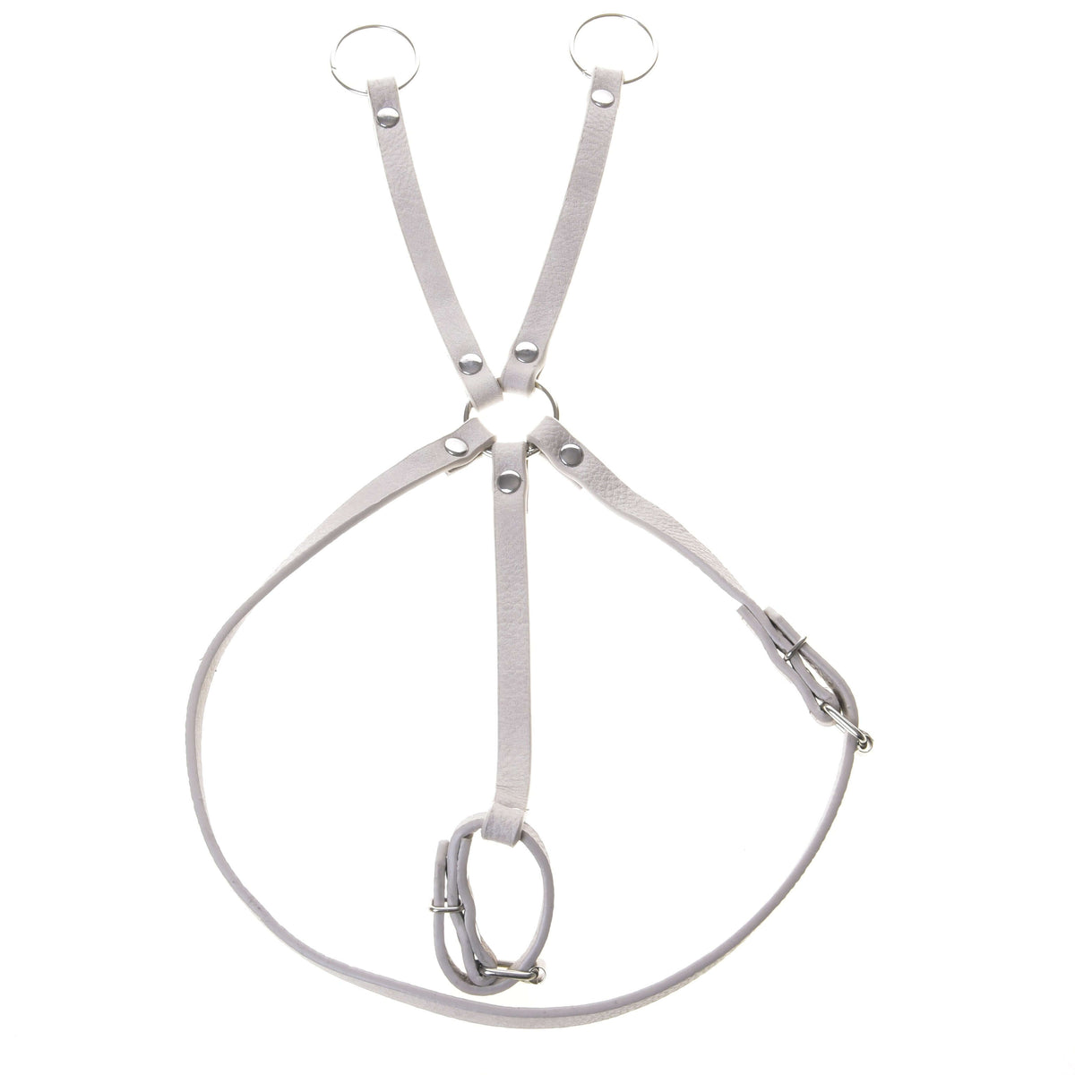 Light grey leatherette Hobby Horse martingale with two silver rings, neck strap and loop, laid out on white