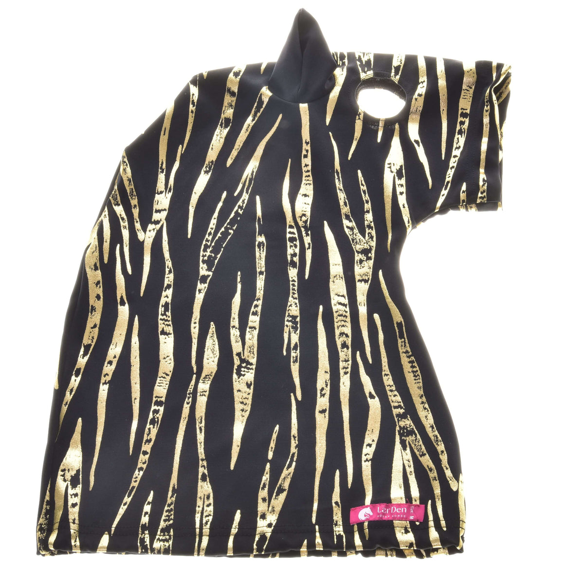 Black Zebra Gold suit laid flat with gold foil stripes, an eye opening, a black ear and the pink LarDen label