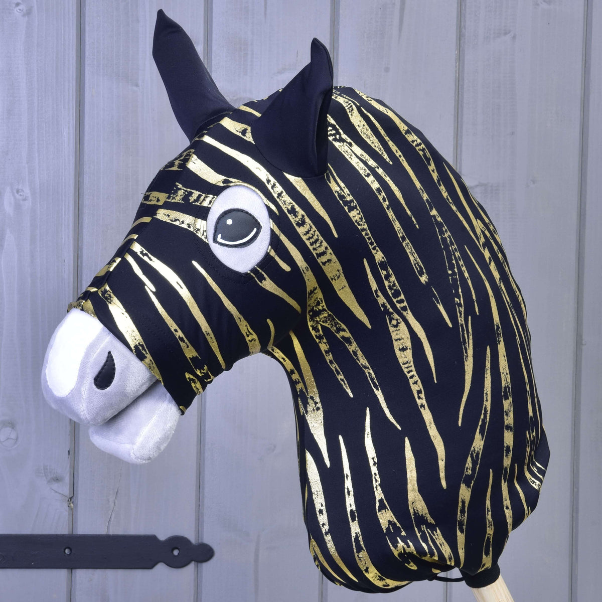 Hobby Horse protective suit Zebra Gold (Lycra) by LarDen: black with metallic gold zebra stripes, covering the whole head