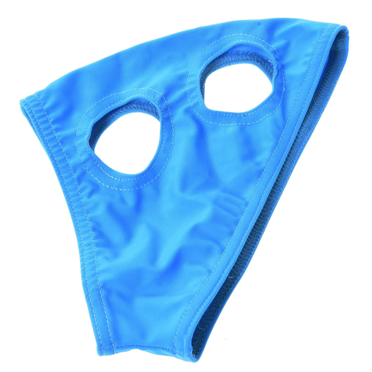 Sky blue Horse Mask without ears for Hobby Horses laid on white, with stitched openings for eye and ear