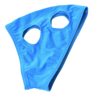 Sky blue Horse Mask without ears for Hobby Horses laid on white, with stitched openings for eye and ear
