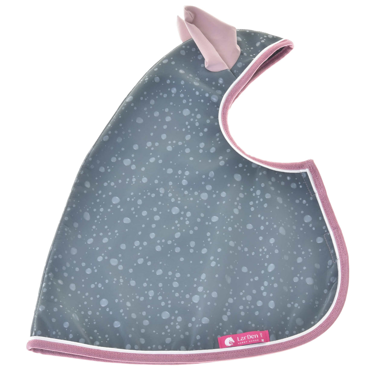 Hooded raincoat laid flat in grey-blue with a raindrop print, pink ears, pink trim and a pink LarDen label
