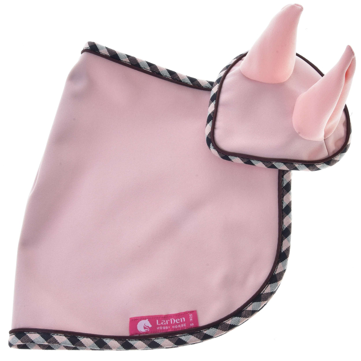 Hobby Horse Set Abby laid flat on white, smooth pale pink fabric with checked binding, pink ears and a pink LarDen label