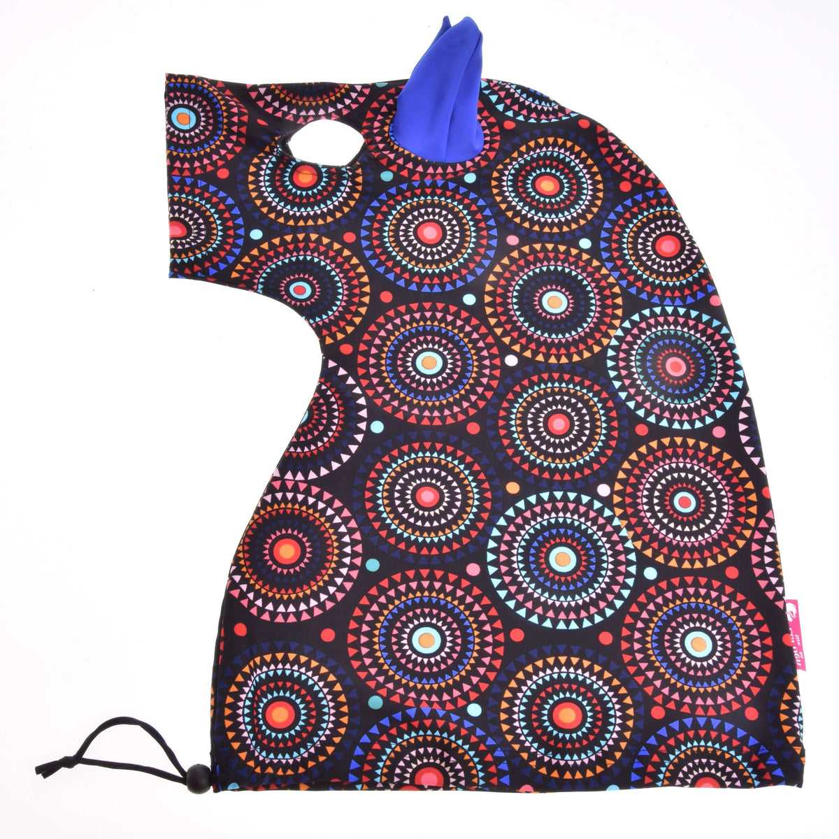 Protective suit Alice laid flat, black with red, orange and turquoise circle patterns, a blue ear, eye opening and drawstring