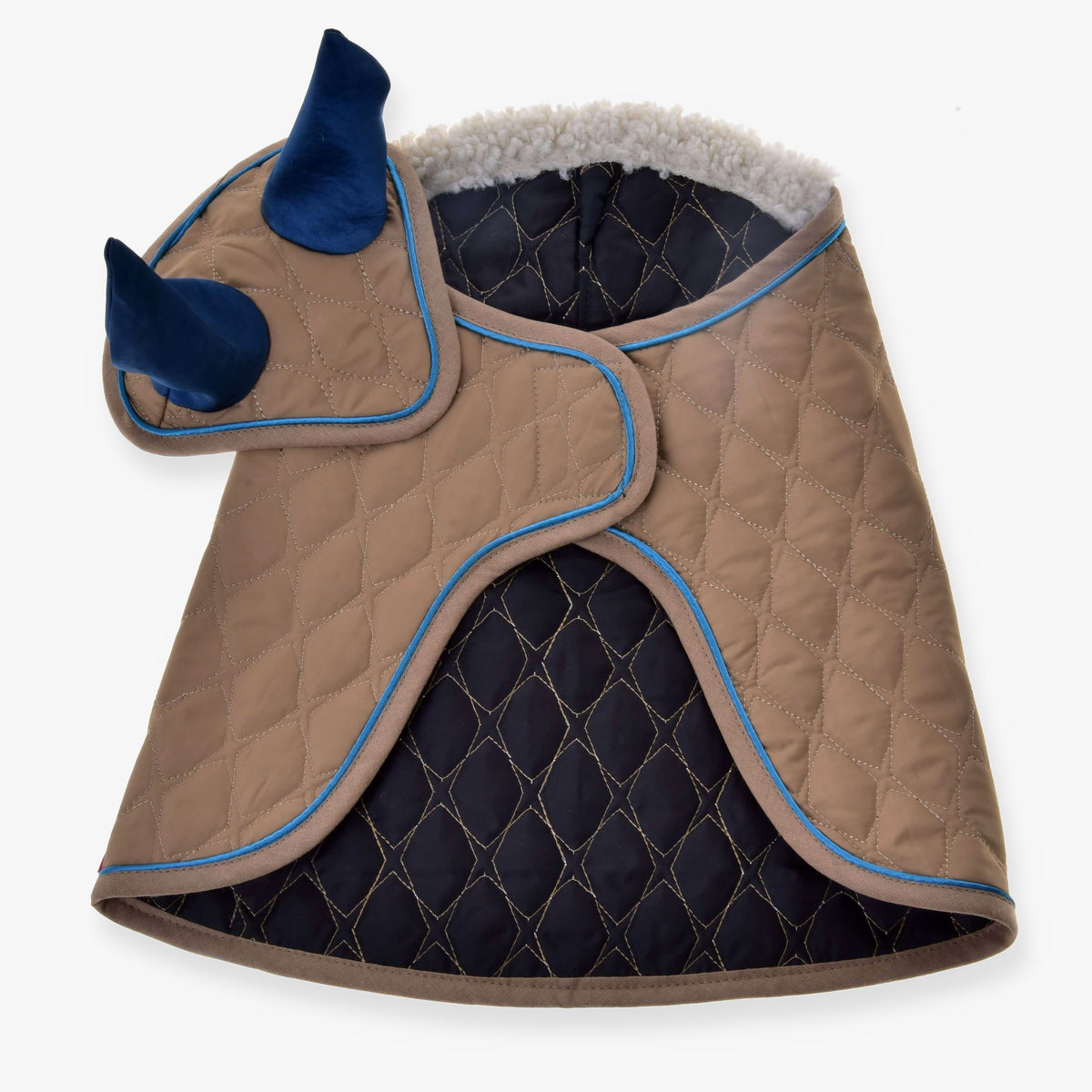 Hobby Horse Set Almond Star by LarDen: beige quilted blanket and ear bonnet with navy ears and blue piping