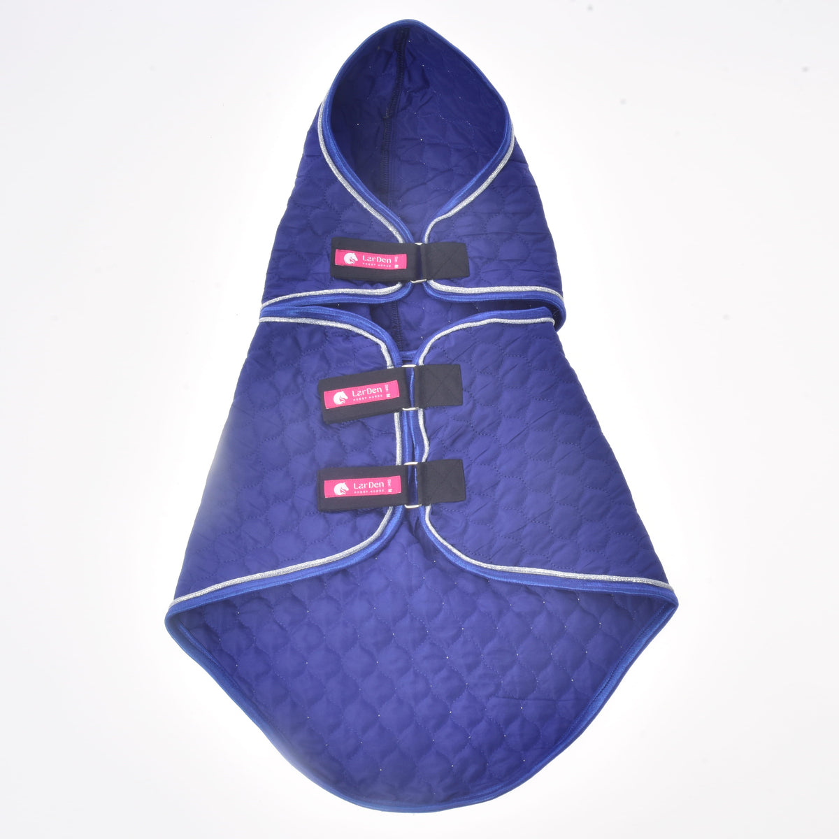 Bluebell blanket and neck cover laid out flat from above, closed down the front with three black straps