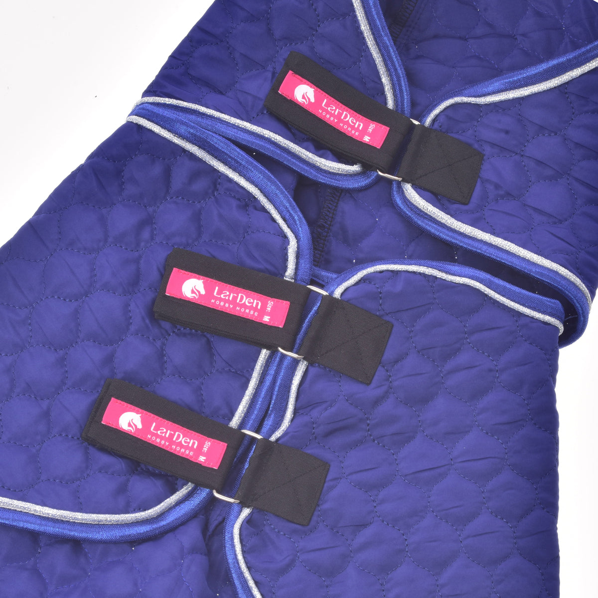 Hobby Horse Blanket with removable neck cover Bluebell fastened with three black straps bearing pink LarDen labels