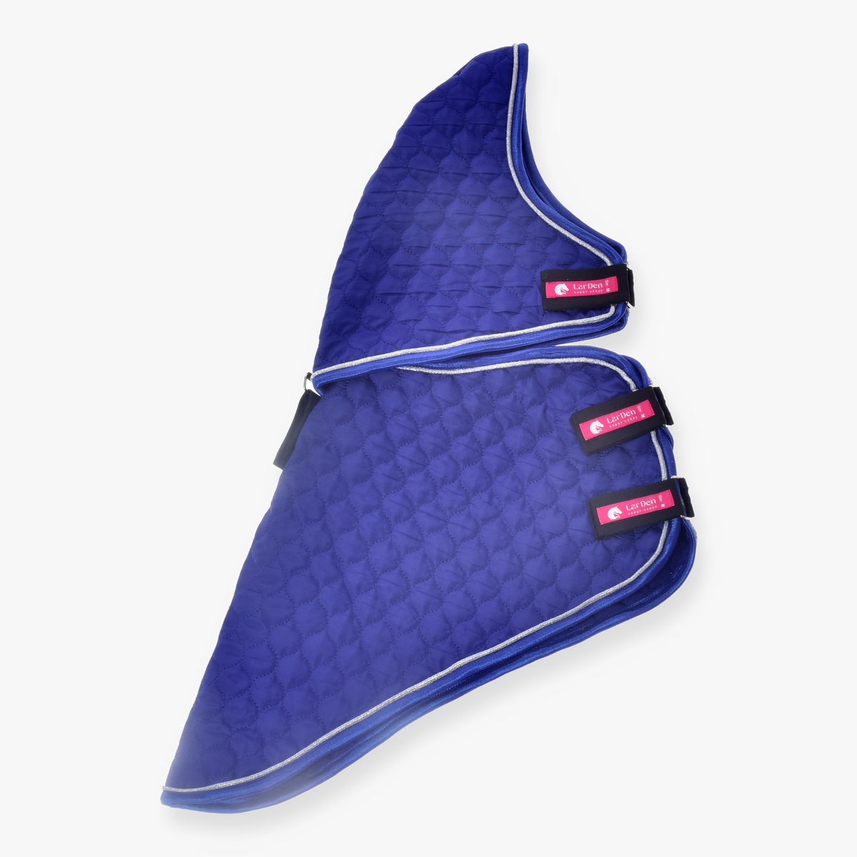Hobby Horse Blanket with removable neck cover Bluebell by LarDen, royal blue quilted with silver piping, laid flat