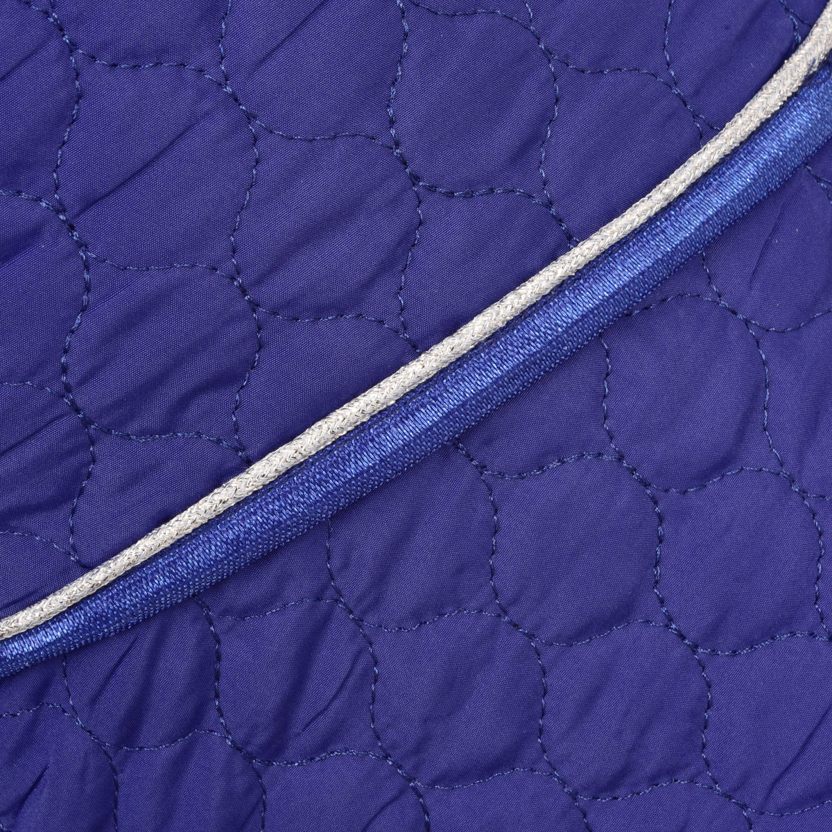Hobby Horse Blanket with removable neck cover Bluebell in close-up, royal blue circle quilting with silver and blue piping