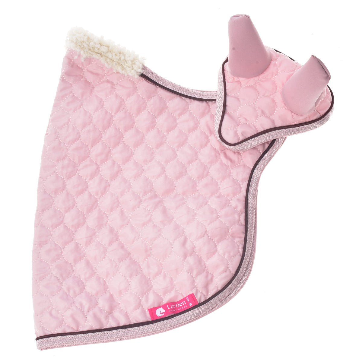 Set Blush for Hobby Horse laid flat from the side, quilted pink blanket and ear bonnet with the pink LarDen label at the hem