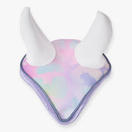 Hobby Horse Ear Bonnet Pastell by LarDen with pastel cloud print, white ears and lilac trim with sparkly cord