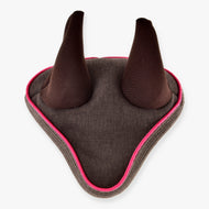 Hobby Horse Ear Bonnet Rosewood by LarDen in brown melange fabric with dark brown ears and bright pink piping