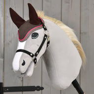 Grey Hobby Horse with a cream mane and black halter wearing the brown Rosewood ear bonnet with bright pink piping