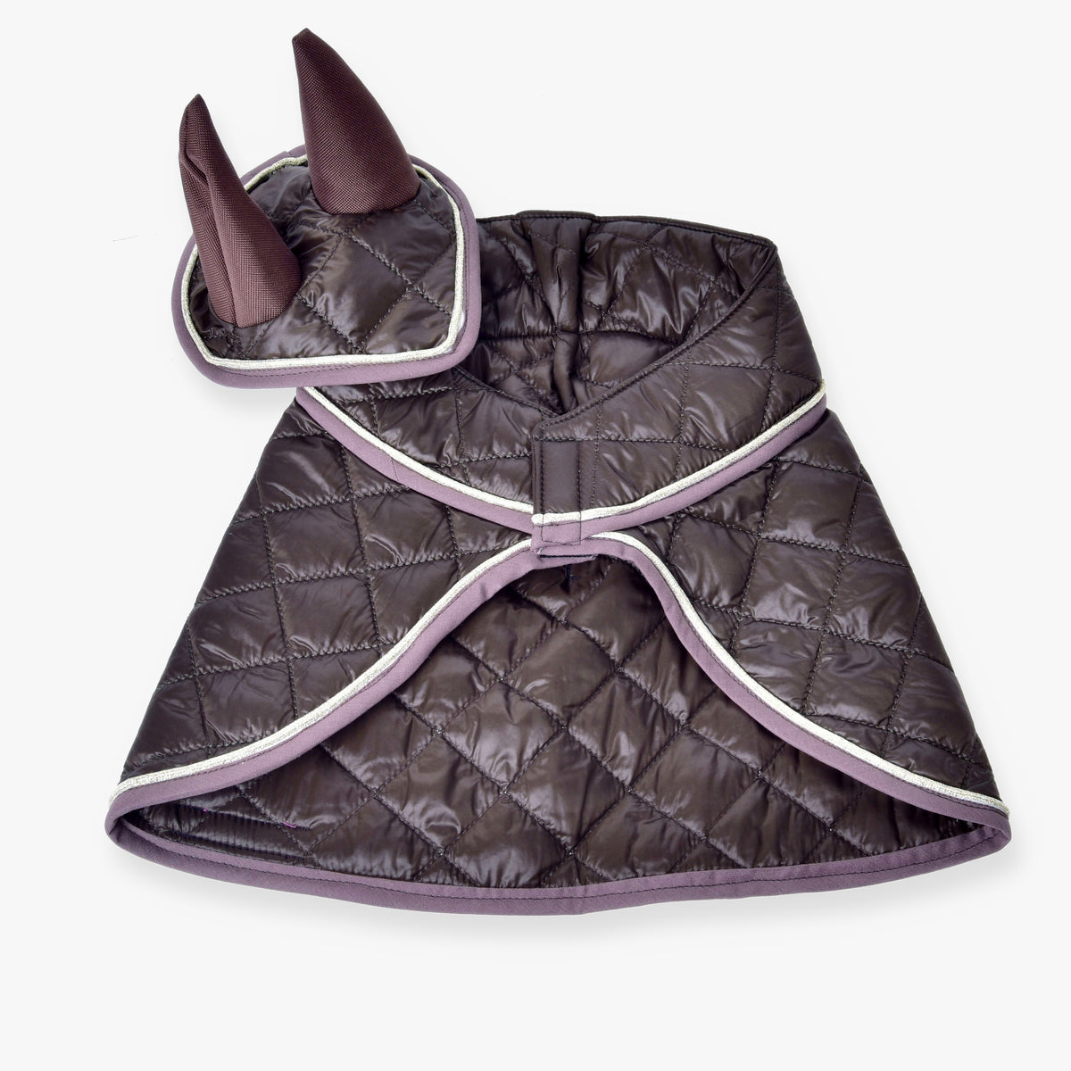 LarDen Hobby Horse szett Thermo Chocolate: sötétbarna steppelt takaró és fülvédő fáradt rózsaszín és arany szegéllyel