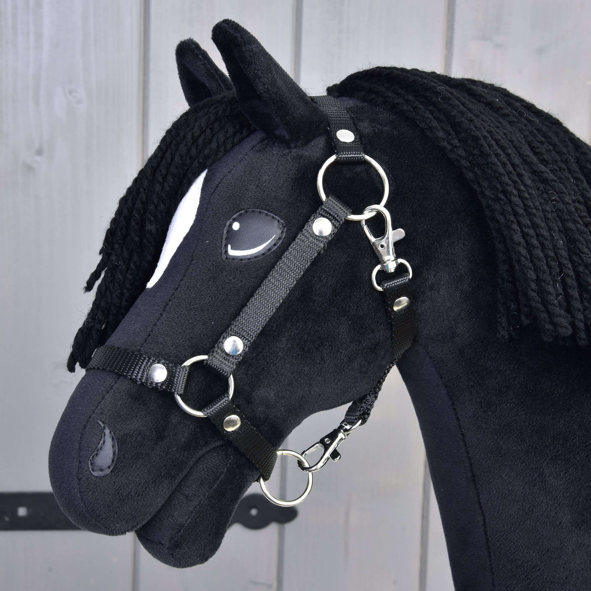 Close-up of the black halter on Hobby Horse Cloony with silver rings, rivets and snap hooks against the black plush