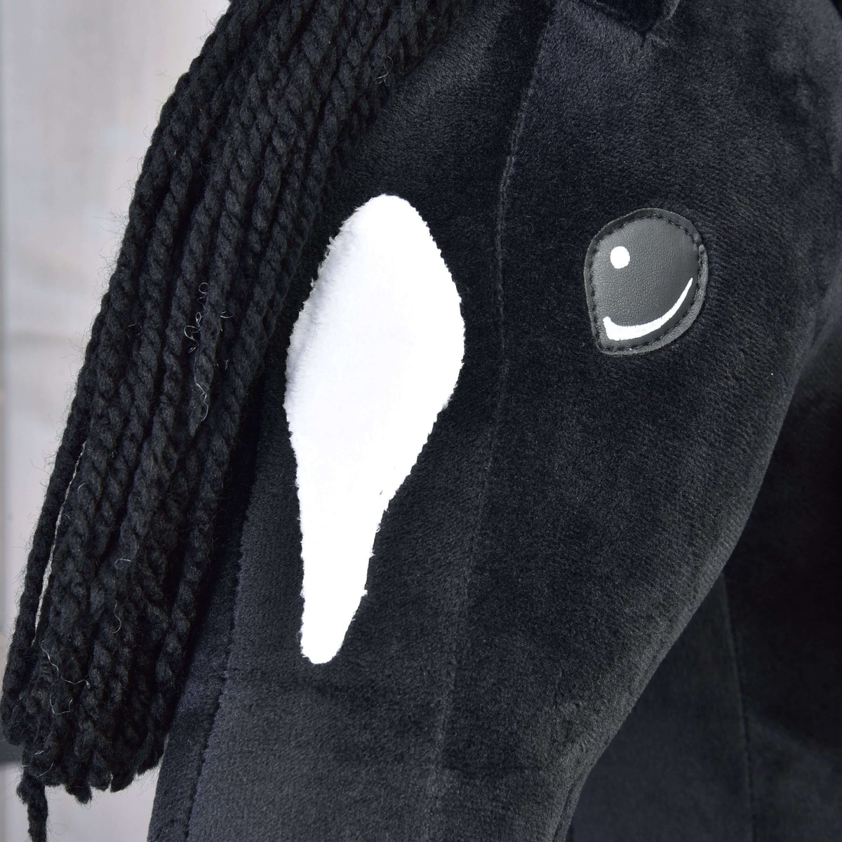 Close-up of the white star, the dark grey eye with a white highlight and the black yarn forelock of Hobby Horse Cloony