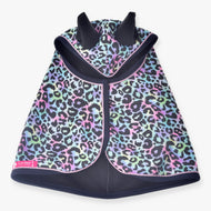 Hobby Horse Raincoat Confetti (softshell) by LarDen from above, pastel rainbow leopard print with black ears and navy binding