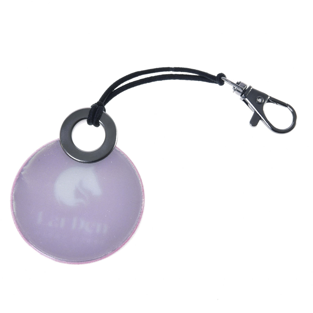 Hobby Horse Keychain round LarDen, a pale lilac reflective disc with white horse-head logo, black cord and silver snap hook