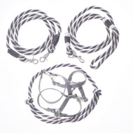 Hobby Horse Set Start Silver by LarDen: grey and white twisted rope reins, lead rope and cordeo with a grey webbing halter