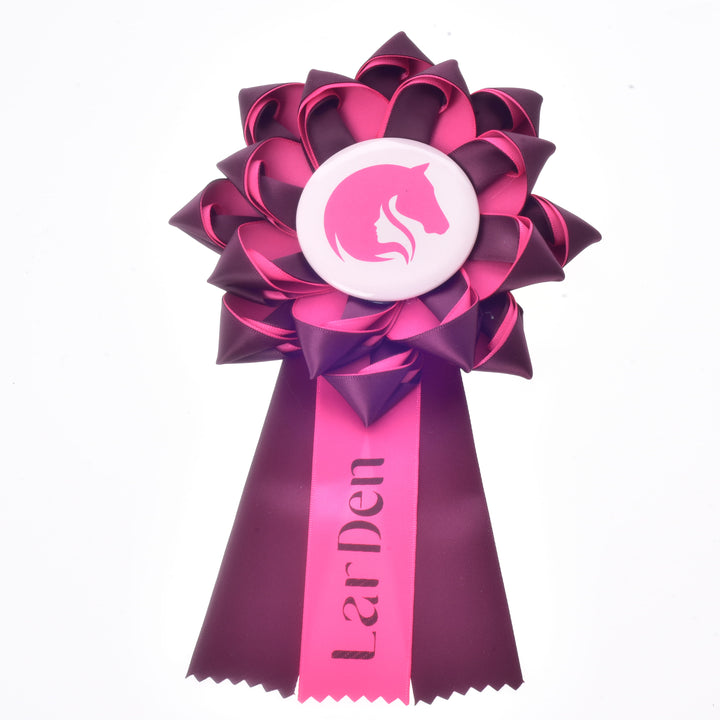 Hobby Horse Ribbon Raspberry Rose by LarDen, a burgundy and hot pink satin rosette with a horse head badge and three tails