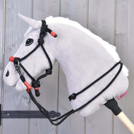 Light grey Hobby Horse wearing the Rope set Spark: black rope halter with red wrapped ends and black rope reins