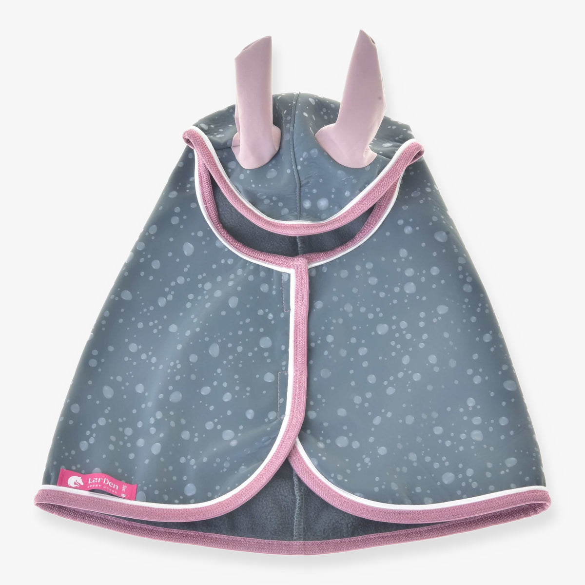Hobby Horse Raincoat Best by LarDen opened out from above, slate grey with a pale dot print, dusty pink ears and pink binding