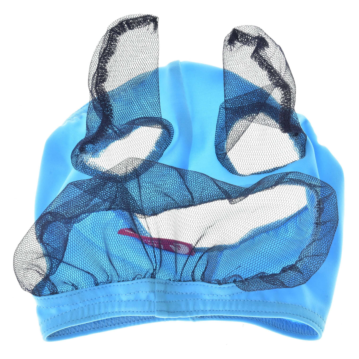 Hobby Horse Fly Mask laid flat from above, light blue stretch fabric with navy mesh ear covers and eye net