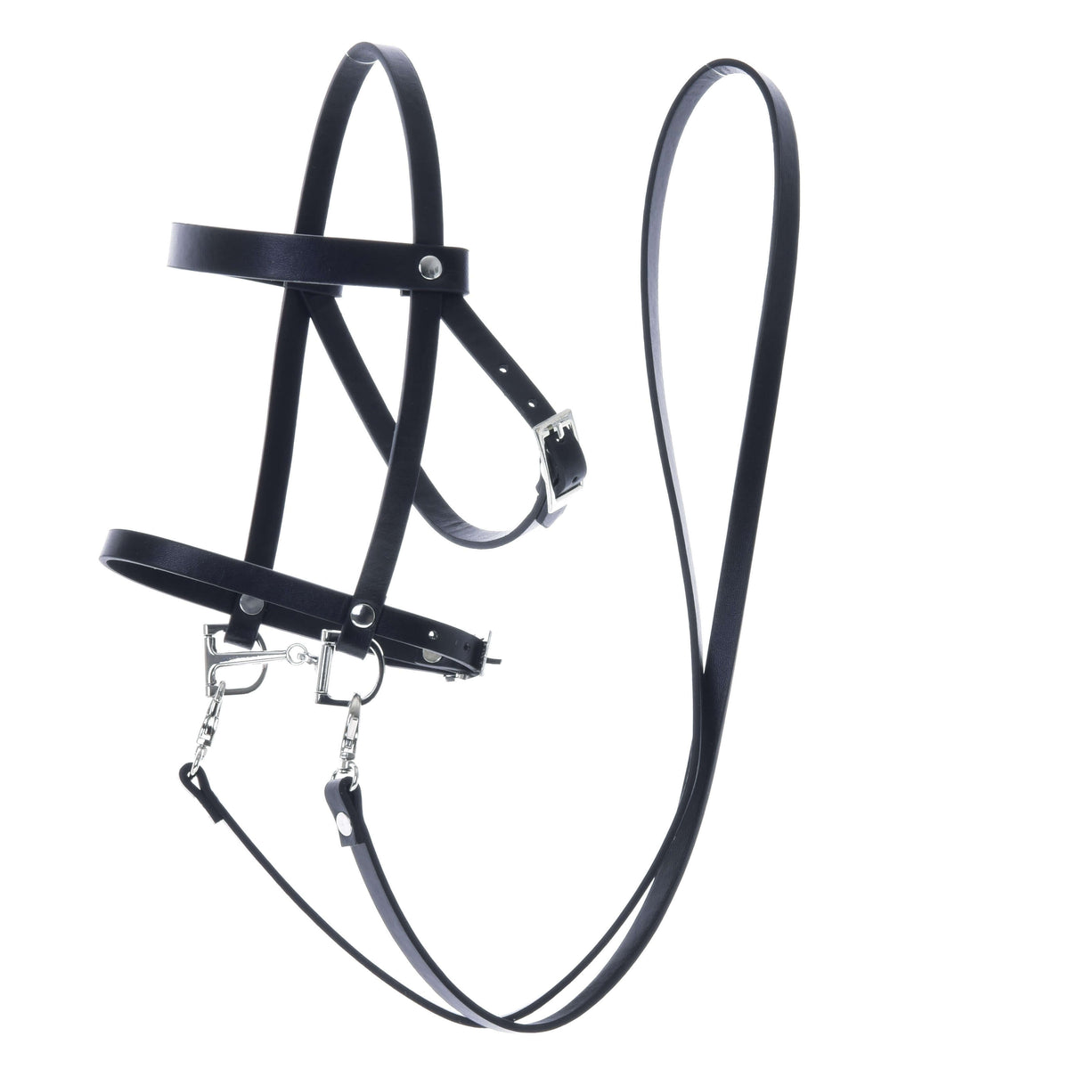 Black bridle with long reins and silver snap hooks from the Hobby Horse Set Basic, laid out on a white background