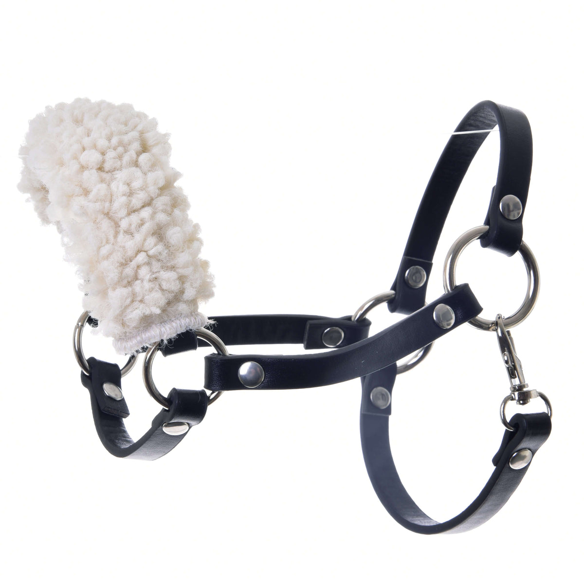 Black halter with a fluffy cream fleece noseband, silver rings and snap hook from the Hobby Horse Set Basic
