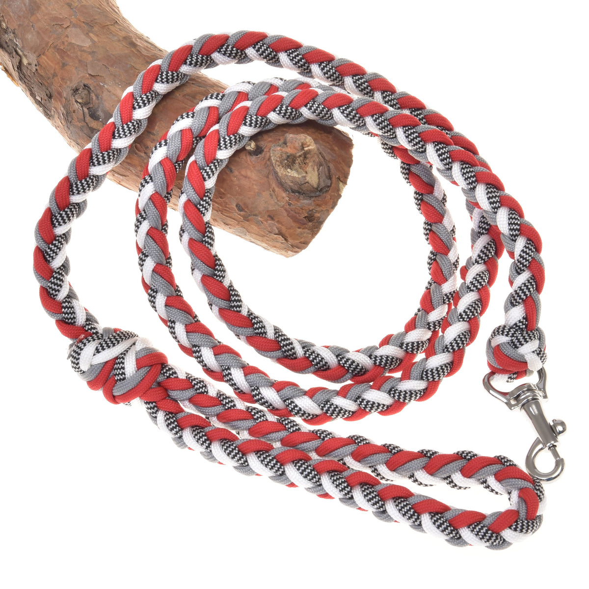 LarDen Hobby Horse Braided Lead Rope Red White, coiled paracord lead in red, grey and white with a metal snap hook