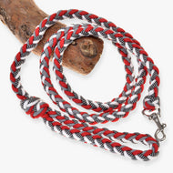 LarDen Hobby Horse Braided Lead Rope Red White, coiled paracord lead in red, grey and white with a metal snap hook