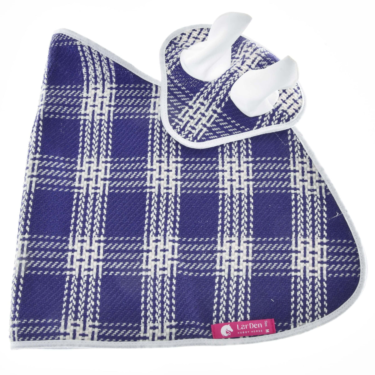 Outer side of the blue and white checked Hobby Horse blanket with matching ear bonnet and pink LarDen label