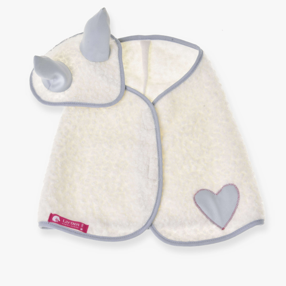 LarDen Hobby Horse szett Snowflake: krémszínű buklé polártakaró és fülvédő szürke fülekkel, szürke szegéllyel és szív alakú folttal