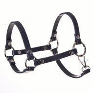 Hobby Horse Halter in dark grey leatherette by LarDen with silver rings, rivets and a snap hook, on a white background