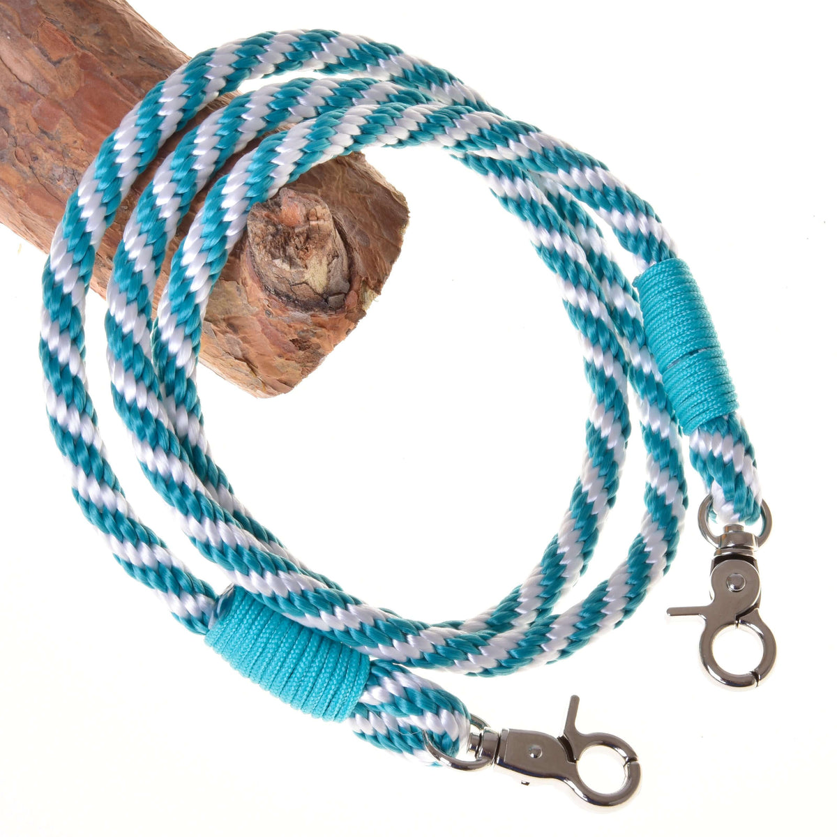 Turquoise and white twisted rope reins for Hobby Horse with turquoise wraps and two silver snap hooks