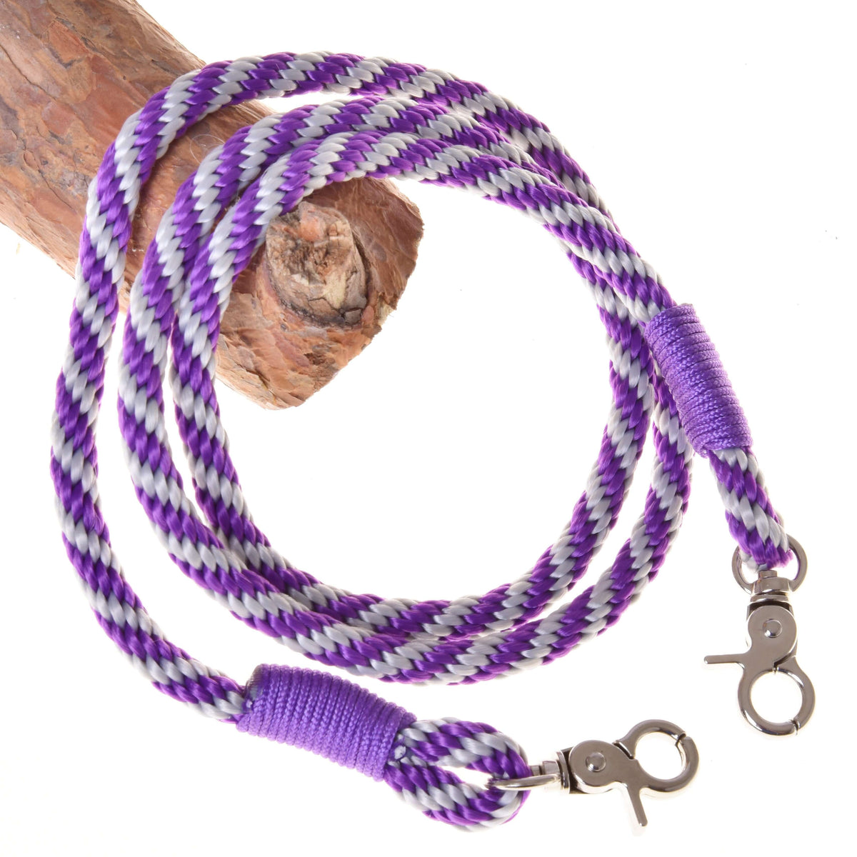 Hobby Horse reins from the Set Start Purple in purple and grey twisted rope with purple whipping and a snap hook at each end