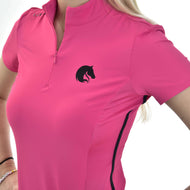 Close-up of the pink Hobby Horse T-Shirt on a girl: black horse head logo, short zip and mesh side panel with black piping