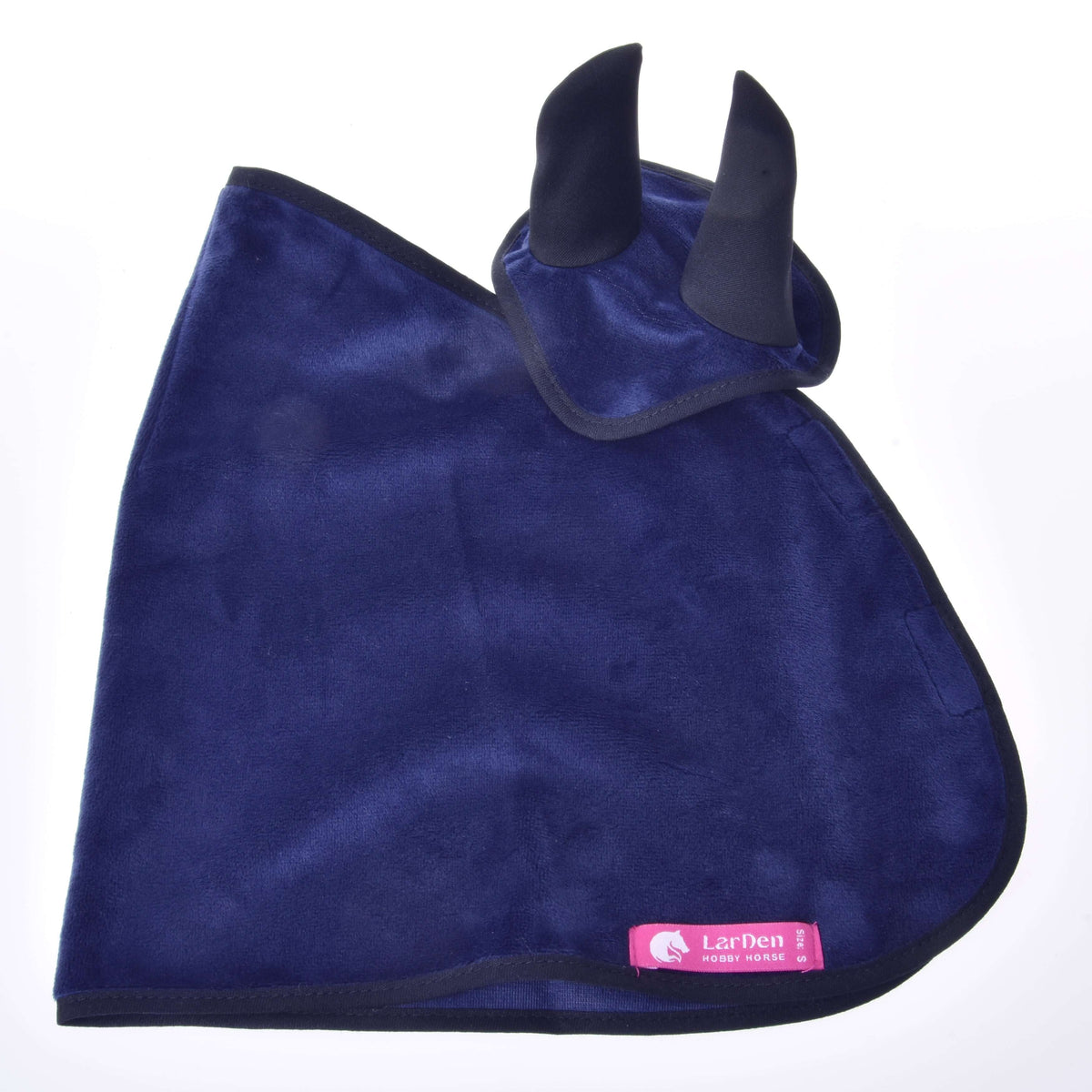 Outer side of the dark blue velvety Hobby Horse blanket with the ear bonnet on top and a pink LarDen label
