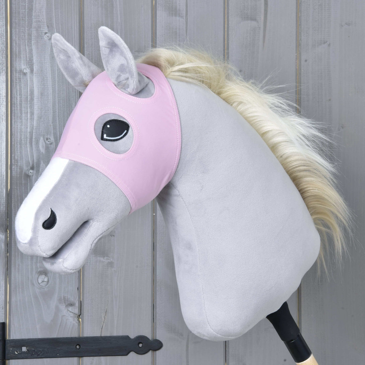 LarDen Horse Mask without ears Pink on a grey plush Hobby Horse, light pink with openings for the eyes and ears