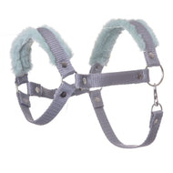 LarDen Hobby Horse kötőfék szürke, mentazöld szőrmével: szürke nejlonheveder, puha mentazöld szőrme, ezüstszínű karikák és karabiner