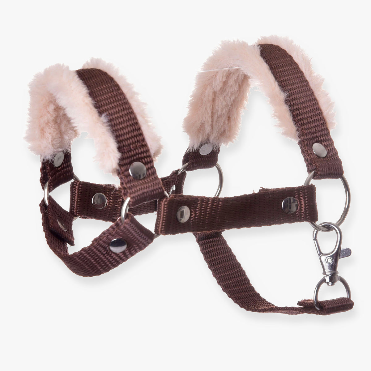 LarDen Hobby Horse szőrmés kötőfék barna, barna nejlonhevederből, puha bézs szőrmével, ezüstszínű karikákkal és karabinerrel
