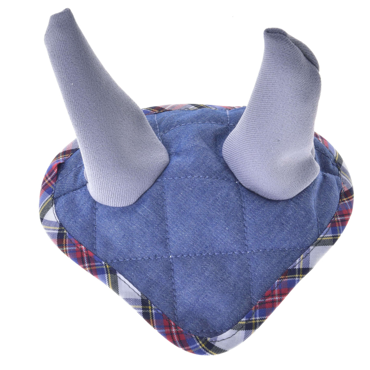 Ear bonnet from Hobby Horse Set Jeans on its own on white: quilted denim crown, two grey fabric ears and tartan edging